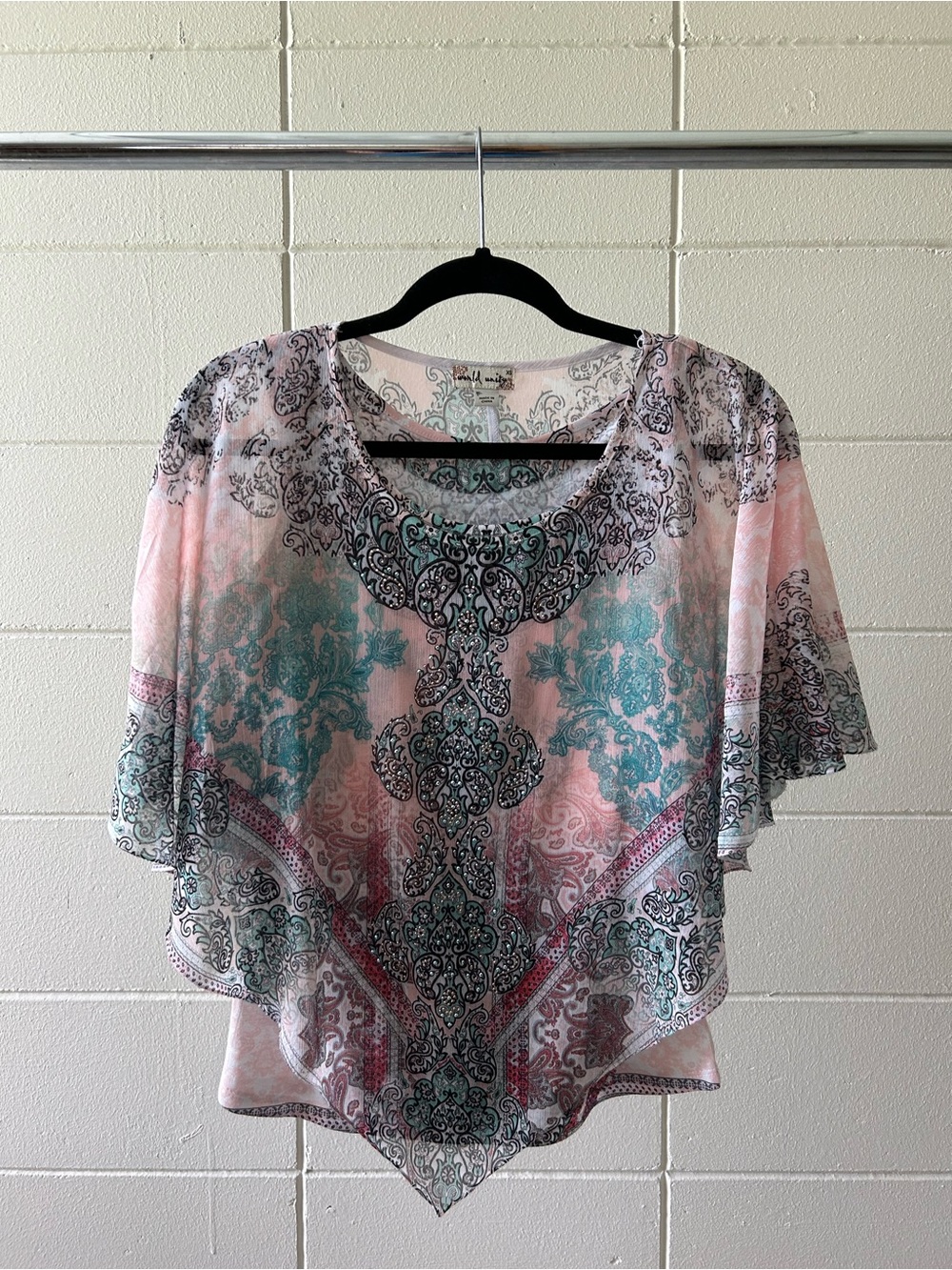 World Unity Peach and Teal Paisley-Print Flutter Poncho